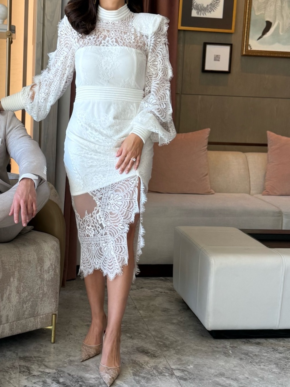 Zhivago White Lace Asymmetric Long Sleeve Dress